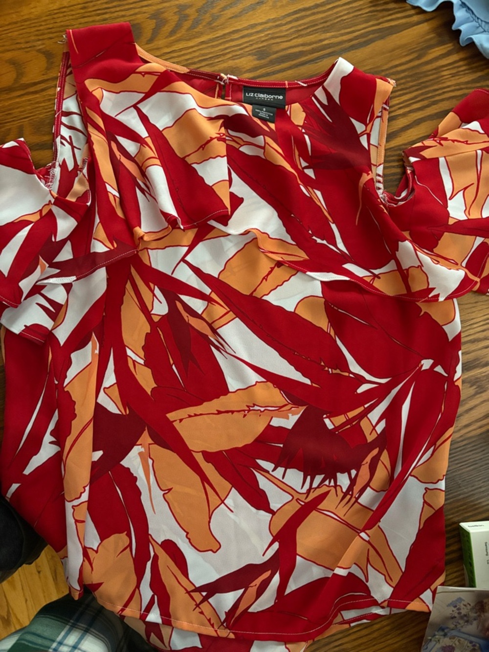 Liz Claiborne Red and Orange Tropical Cold-Shoulder Blouse